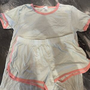 LAKE Short Sleeve Striped Pajama Set with Pink Accents